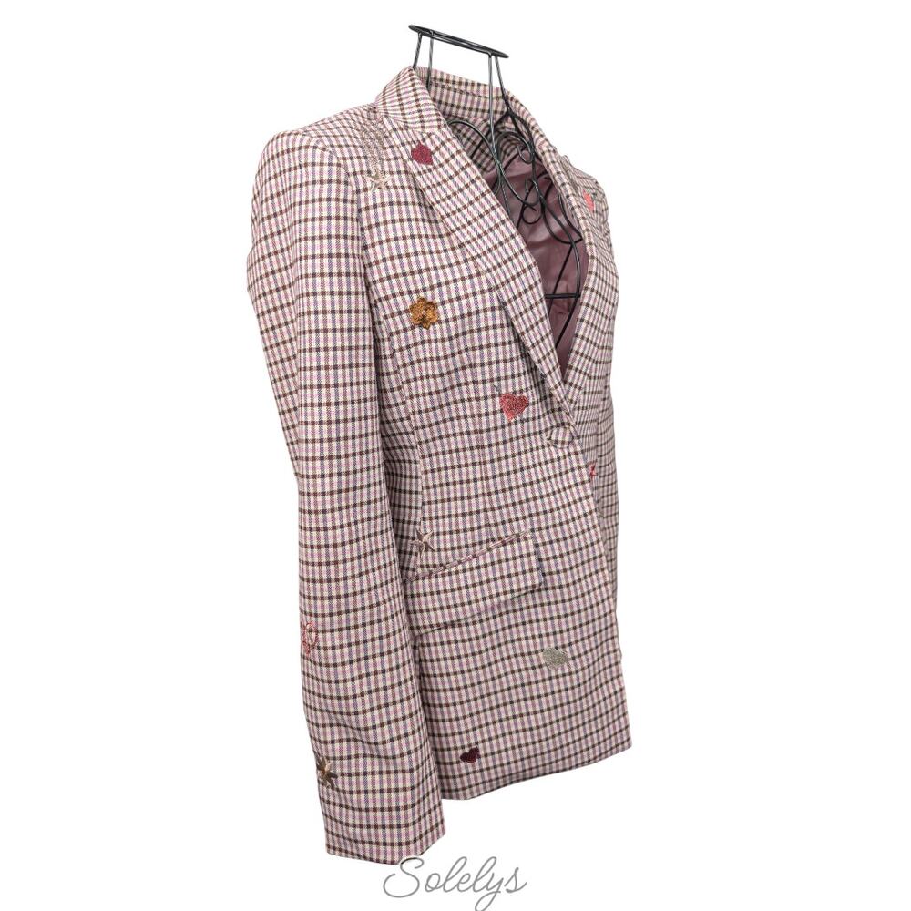 Cinq à Sept Estelle Check Plaid Pink Embroidered Metallic Single Button Blazer 0 - Picture 4 of 13